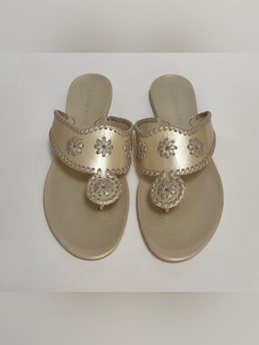 Jack Rogers Jelly Metallic Champagne Thong Sandals with Floral Medallions